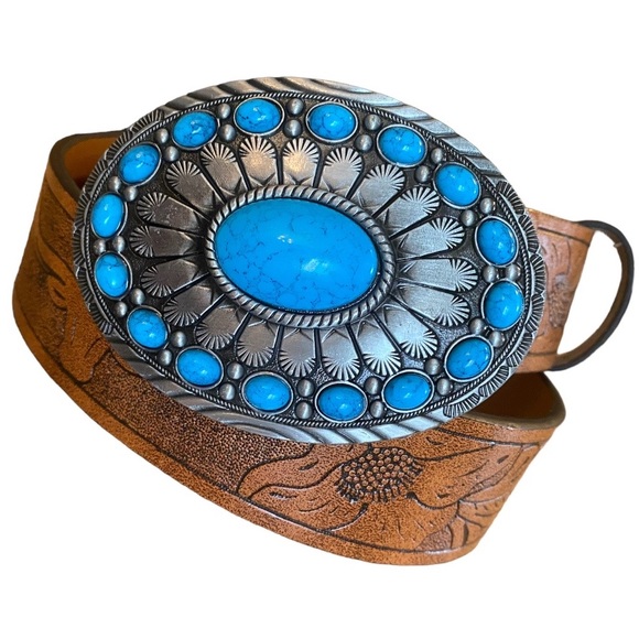 Turquoise Stone Embossed Brown Leather Western Belt With Silver Metal BuckleNew - Picture 15 of 15
